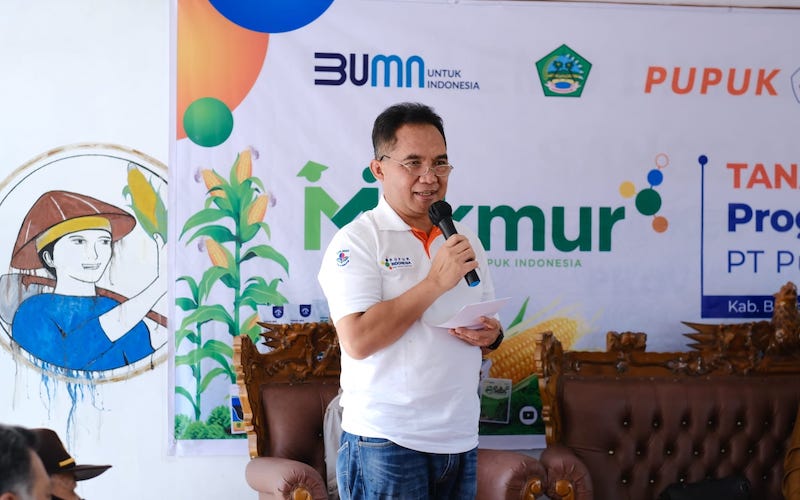SEVP Business Support PKT Meizar Effendi saat memberikan sambutan dalam acara penanaman perdana jagung dalam rangka perluasan Program Makmur di Kabupaten Boalemo Provinsi Gorontalo, Selasa (14/6/2022)./JIBI-Istimewa