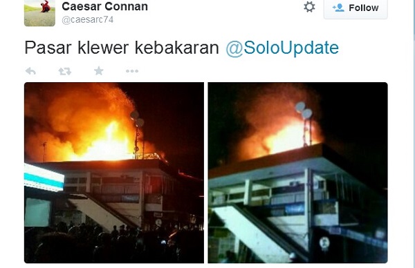 Foto kebakaran Pasar Klewer yang beredar di Twitter - @caesarc74