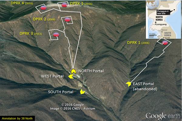 Lokasi uji coba nuklir Korut di Pegunungan Pungye-ri. - Google/38 north