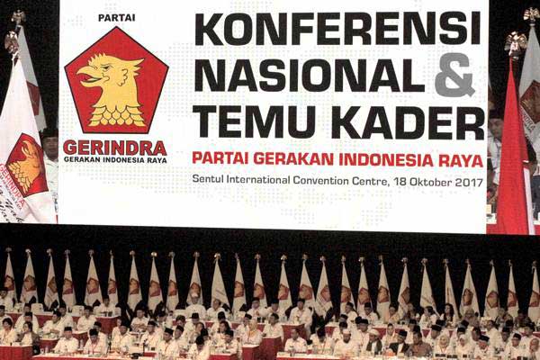 Pengurus dan kader Partai Gerindra menghadiri Konferensi Nasional Partai Gerindra di Sentul Internasional Convention Center (SICC), Bogor, Jawa Barat, Rabu (18/10). - ANTARA/Yulius Satria Wijaya