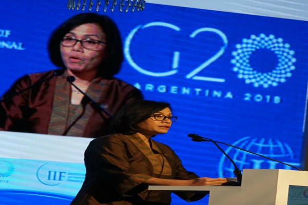 Menkeu Sri Mulyani Indrawati saat menyampaikan pidato dalam Forum Pertemuan G/20 di Argentina. Foto: Istimewa