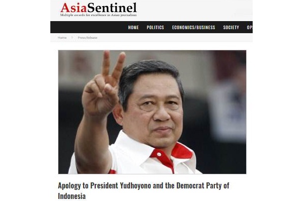 Asia Sentinel meminta maaf kepada SBY dan Partai Demokrat