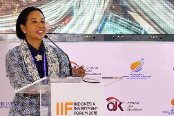 Menteri BUMN Rini Soemarno memaparkan materi saat pembukaan Indonesia Investment Forum 2018 di Nusa Dua Bali, Selasa (9/10/2018). - JIBI/Abdullah Azzam 