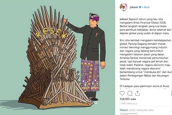 Ilustrasi Jokowi mengenakan pakaian adat Bali berdiri dan memegang salah satu pedang yang menyusun Iron Throne-takhta besi yang disusun dar sekian banyak pedang. - Instagram@jokowi