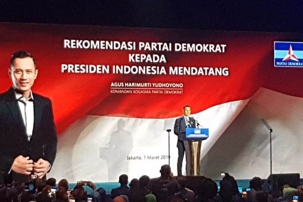 Komandan Komando Tugas Bersama (Kogasma) Partai Demokrat Agus Harimurti Yudhoyono (AHY)menyampaikan pidato politik Partai Demokrat di Jakarta, Jumat (1/3/2019). - Bisnis / Denis Riantiza M