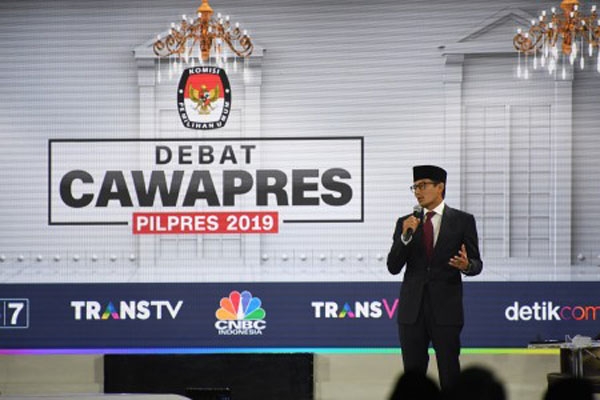 Sandiaga Uno saat debat cawapres di Jakarta pada Minggu (17/3/2019) malam. - Antara/Wahyu Putro