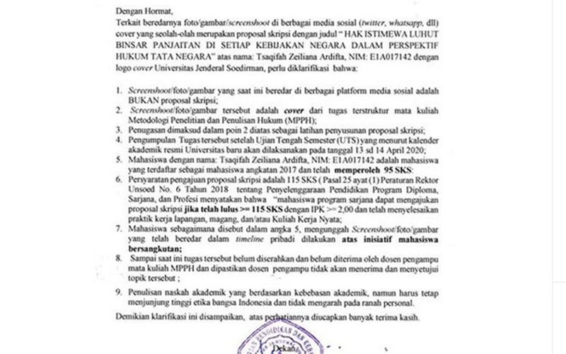 Surat klarifikasi Universitas Jenderal Soedirman - Instagram