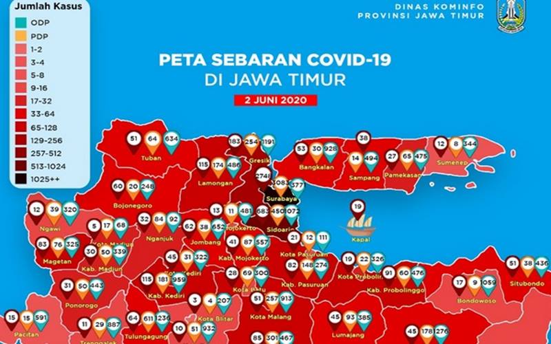 Kota Surabaya masuk zona hitam dalam peta sebaran kasus Covid-19 di Jawa Timur pada 2 Juni 2020. - Twitter @Jatim_Pemprov