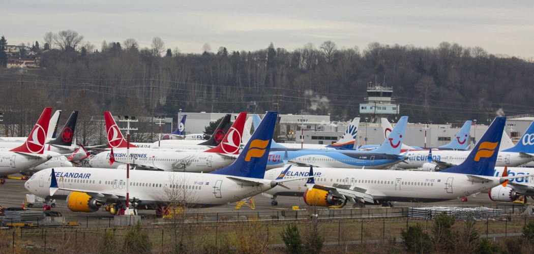 Pesawat-pesawat model 737 Max buatan Boeing diparkir di dekat lapangan udara milik Boeing di Seattle, Washington, AS, Selasa (17/12/2019). - Bloomberg/David Ryder