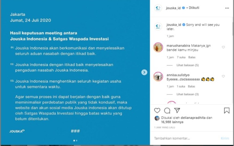 Tangkapan layar akun resmi Jouska Indonesia di laman Instagram, Jumat (24/7 - 2020). 