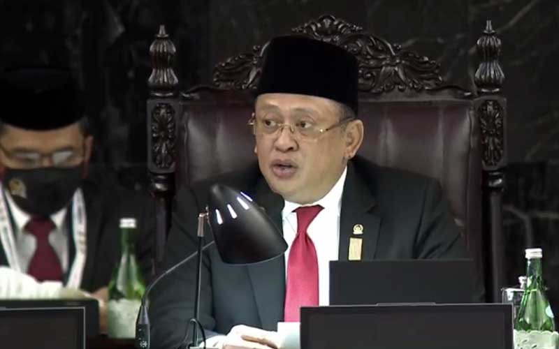 Ketua MPR RI Bambang Soesatyo memberikan sambutan saat sidang tahunan MPR di Jakarta, Jumat (14/8/2020). Binsis - TV Parlemen