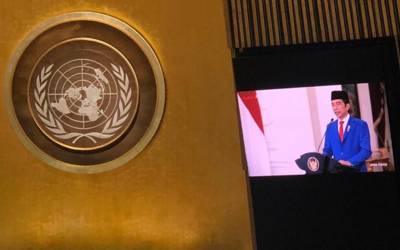 Presiden Joko Widodo tampil perdana menyampaikan pernyataan dalam Sidang Umum PBB ke-75 yang dilakukan secara virtual dan tatap muka, Rabu (23/9 - 2020) / Kementerian Luar Negeri
