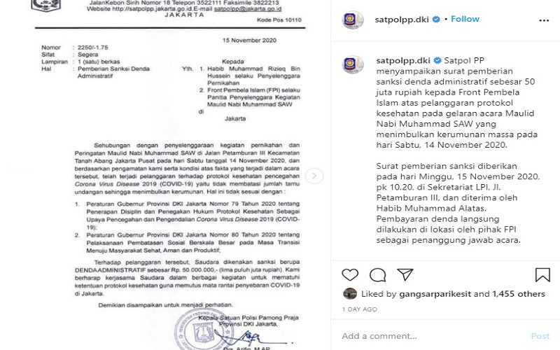 Terkuak! Ini Isi Surat Peringatan Satpol PP DKI ke FPI Soal Denda Rp50