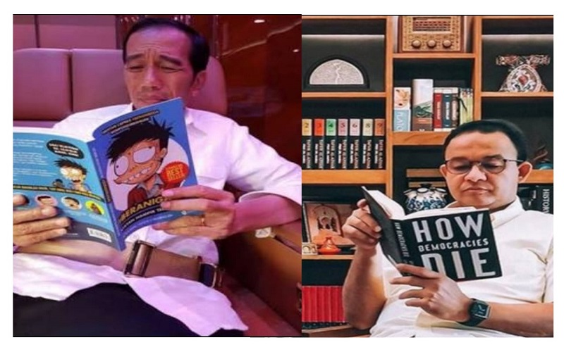 Beda Gaya Presiden Joko Widodo dan Gubernur DKI Anies Baswedan saat membaca buku.  -  Sumber: Instagram dan Twitter 
