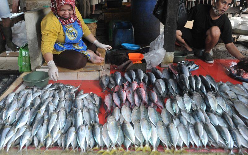 Penjual menyusun dagangan ikan di Pasar Palima Palembang, Sumsel, Sabtu (3/10/2020).  - ANTARA