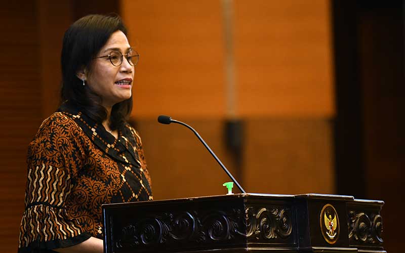 Menteri Keuangan Sri Mulyani memberikan sambutan saat peluncuran progam penjaminan pemerintah kepada padat karya dalam rangka percepatan pemulihan ekonomi nasional di Jakarta, Rabu (29/7 - 2020). Bisnis