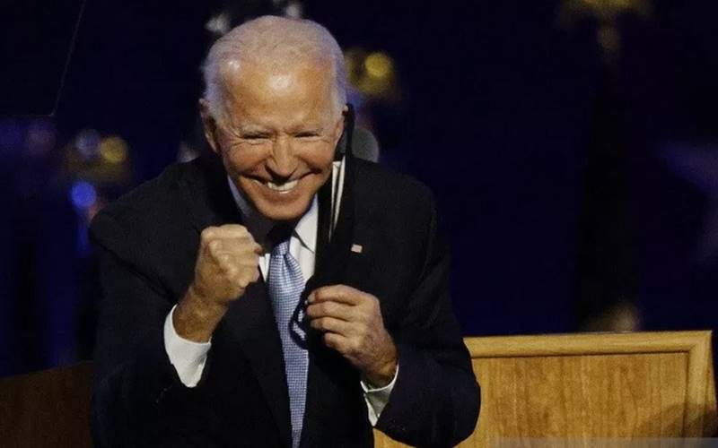 Capres AS Joe Biden merayaan kemenangannya dalam Pilpres AS di Wilmington, Delaware, AS, Sabtu (7/11/2020). - Antara/Reuters\r\n