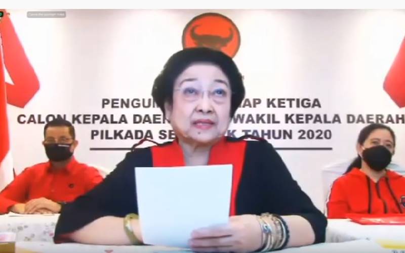 Ketua Umum PDIP Megawati Soekarnoputri dalam pengumuman gelombang ketiaga 75 pasangan calon yang diusung PDIP di Pilkada Serentak 2020, Selasa (11/8/2020). JIBI - Bisnis/Nancy Junita