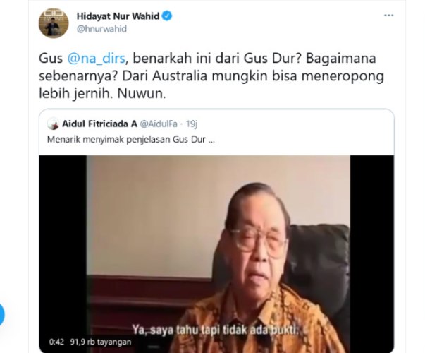 Potongan wawancara Gus Dur dengan media asing terkait bom Bali kembali muncul, pascaledakan bom di depan Gereja Katedral Makassar. - Twtter
