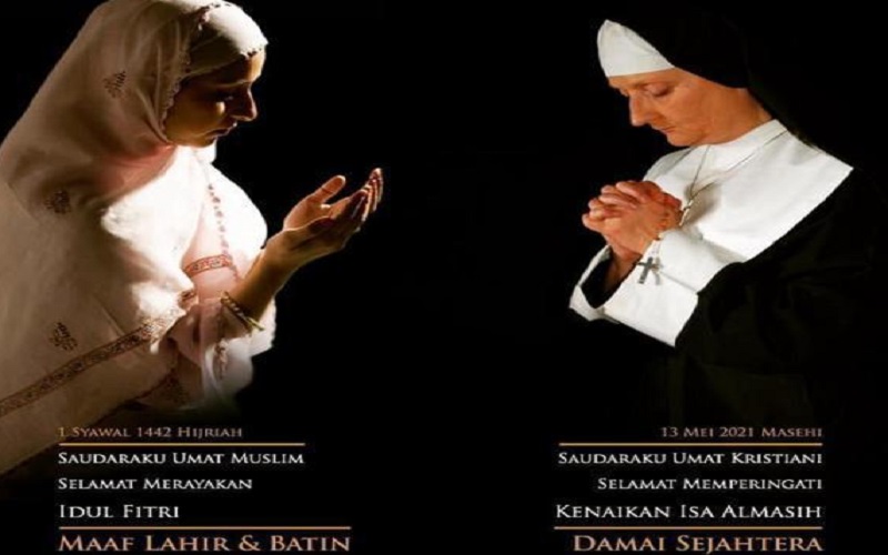 Foto wanita muslim mengucapkan Selamat Idulfitri 1442 H dan biarawati mengucapkan Selamat Memperingati Kenakan Isa Almasih. - Istimewa