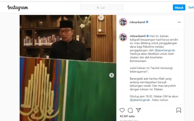 Gubernur Jawa Barat Ridwan Kamil melelang lukisan untuk Palestina. - tangkapan layar