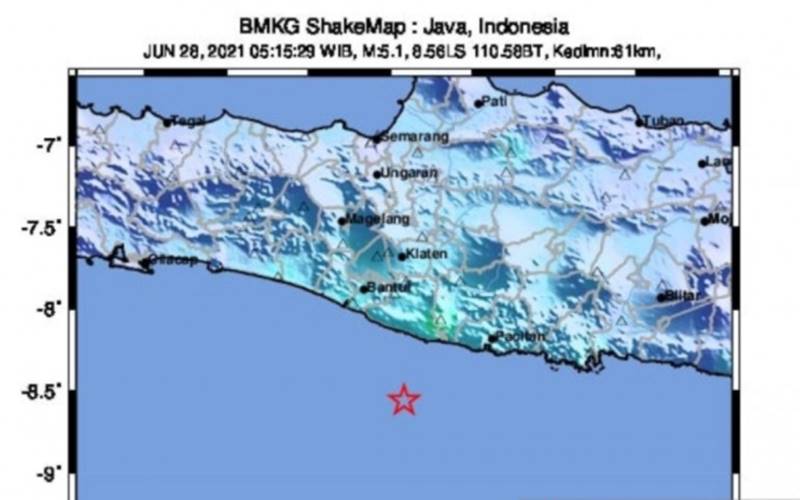 Peta kejadian gempa magnitudo 5,3 yang mengguncang selatan Yogyakarta pada Senin (28/6/2021)./Antara - HO/BMKG