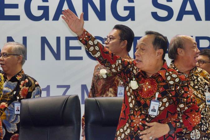 Direktur Utama PT Bank Tabungan Negara Tbk (BBTN) Maryono usai RUPST di Jakarta, Jumat (17/5/2019). - Bisnis/Nurul Hidayat