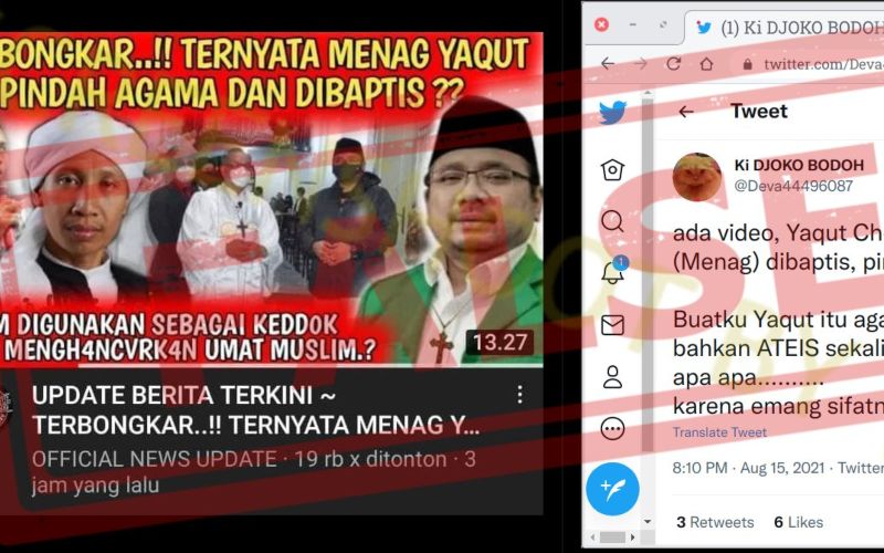 Kolase gambar video Youtube dan unggahan di Twitter yang berisi disinformasi dengan narasi bahwa Menteri Agama Yaqut Cholil Qoumas berpindah agama dan dibaptis - Dok./Mafindo