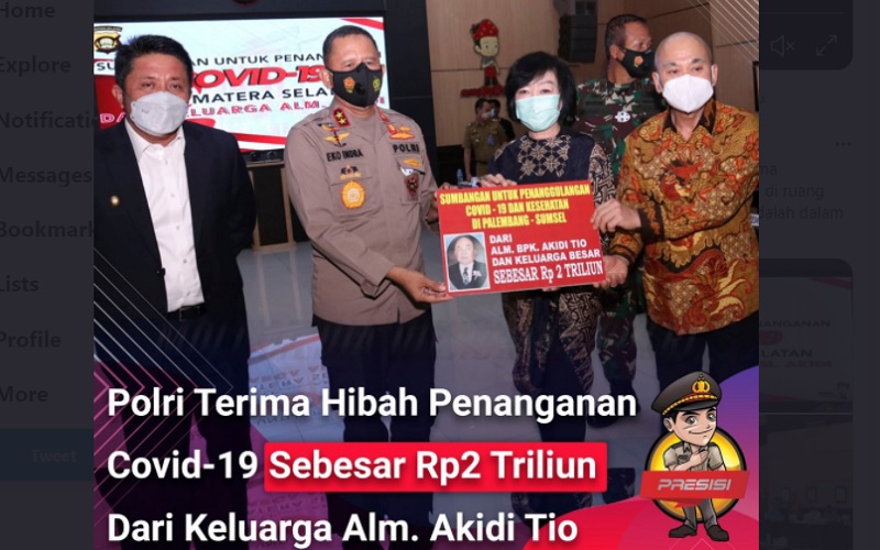 Keluarga Akidi Tio menyumbangkan dana sebesar Rp2 triliun untuk penanganan Covid-19 di Sumatra Selatan - Humas Polri