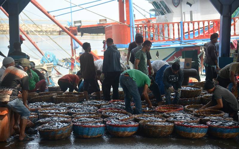 Nelayan menata keranjang berisi ikan saat berlangsung pelelangan di Pelabuhan Perikanan Kutaraja, Desa Lampulo, Banda Aceh, Aceh, Rabu (1/4 - 2020). ANTARA 
