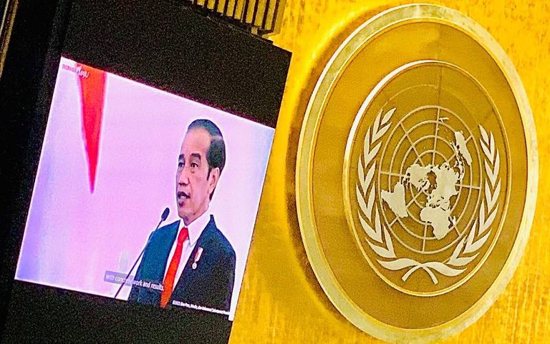 Joko Widodo saat berpidato secara virtual pada sesi debat umum Sidang Majelis Umum ke-76 Perserikatan Bangsa-Bangsa (PBB).  - Dok.Kemlu