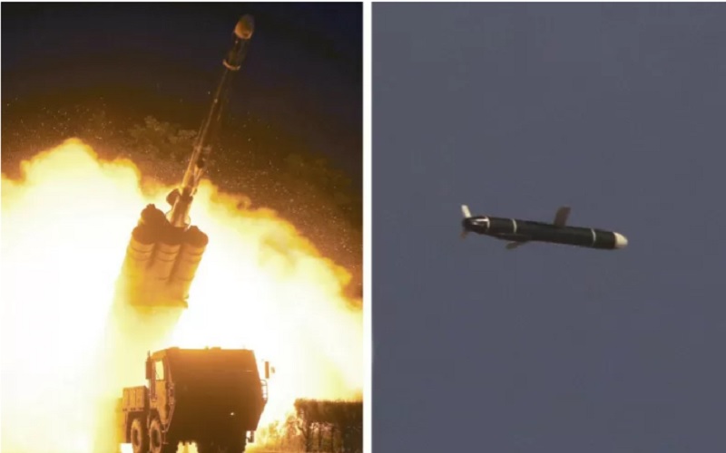 Akademi Ilmu Pertahanan Nasional melakukan uji coba rudal jelajah jarak jauh di Korea Utara, seperti yang digambarkan dalam kombinasi foto tak bertanggal yang disediakan oleh Kantor Berita Pusat Korea (KCNA) Korea Utara pada Senin (13/9/2021). - Antara/Reuters
