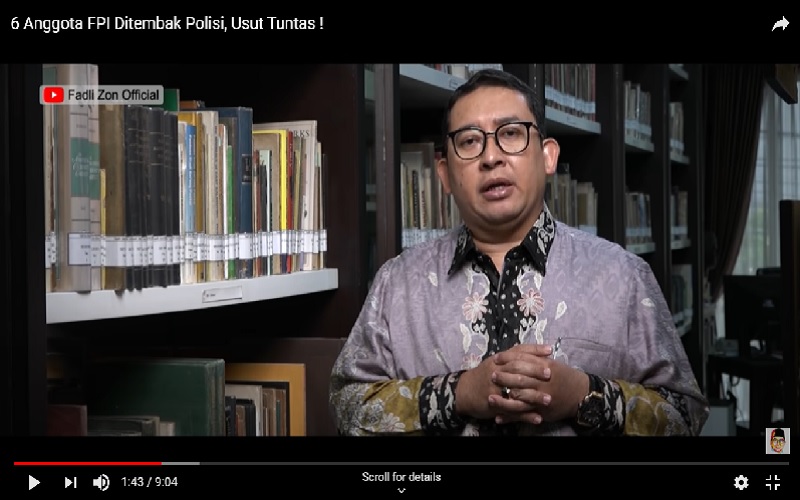 Anggota DPR RI dari Fraksi Gerindra Fadli Zon menanggapi peristiwa penembakan Laskar FPI oleh polisi.  -  Tangkapan layar Youtube Fadli Zon Official