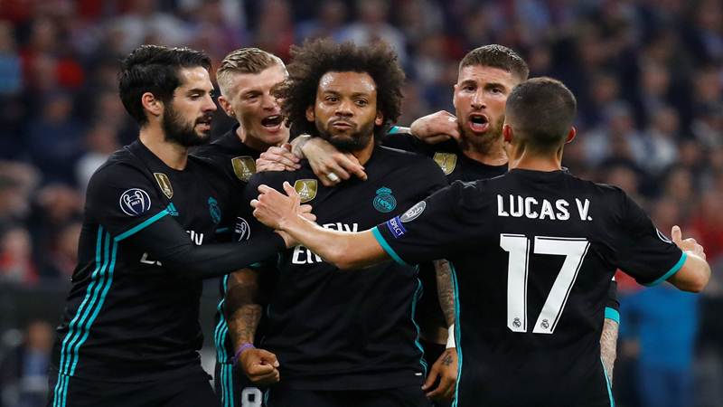 Marcelo usai mencetak gol pertama Real Madrid saat menundukkan Bayern Munchen 2-1 di leg pertama semifinal Liga Champions di Munchen, Rabu (25/4/2018) atau Kamis (26/4/2018) dini hari WIB - Reuters