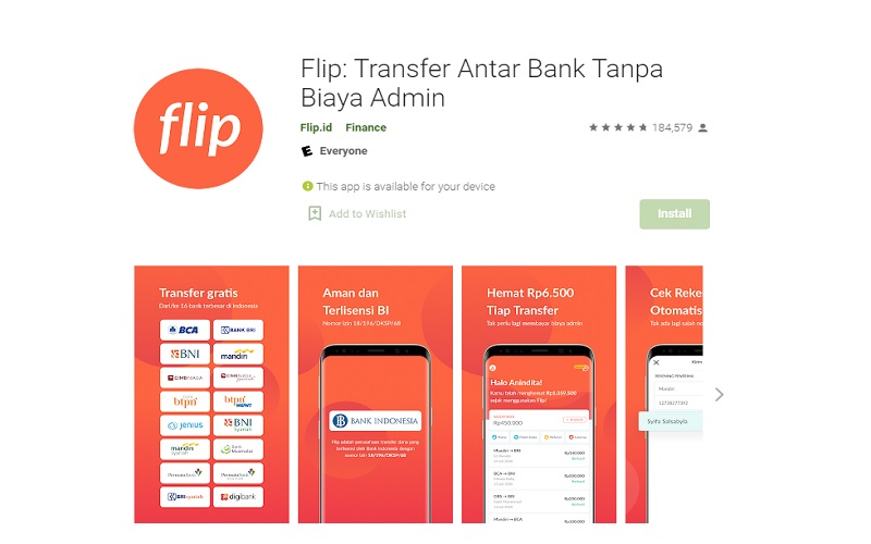 Aplikasi Flip menyediakan fitur transfer uang antar bank tanpa biaya admin  -  Google Play Store 