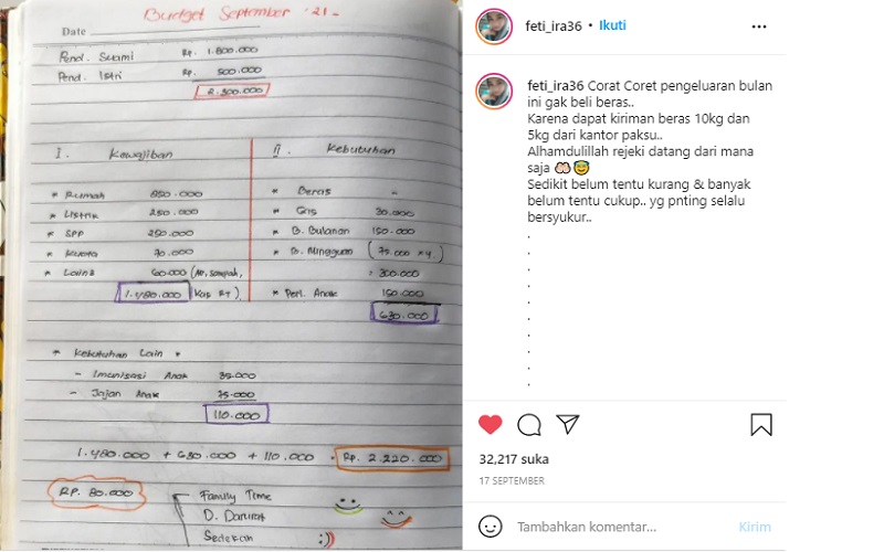 Postingan seorang Ibu Rumah Tangga yang berisi cash flow Rp2,3 juta/bulan viral di media sosial Instagram - IG @fety_ira36 