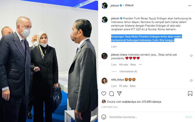 Presiden Jokowi mengunggah foto bareng Presiden Turki Recep Tayyib Erdogan di sela-sela KTT G-20 di Roma, Italia - Instagram @jokowi 