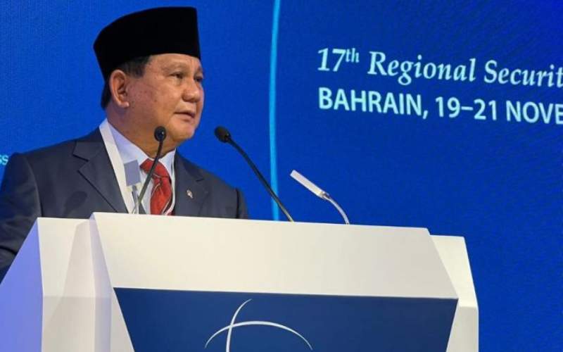 Menhan Prabowo Subianto saat memberikan pidato dalam Forum Dialog The 17th International Institute for Strategic Studies (IISS) Manama Dialogue 2021, Bahrain, Sabtu (20/11/2021). (ANTARA - HO/Twitter IISS Manama) 