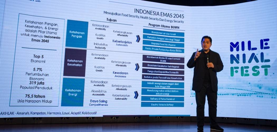 Menteri BUMN Erick Thohir menjadi pembicara dalam Milenial Fest 2020 di Djakarta Theatre, Jakarta, Sabtu (15/8/2020). - Antara / Dhemas Reviyanto.