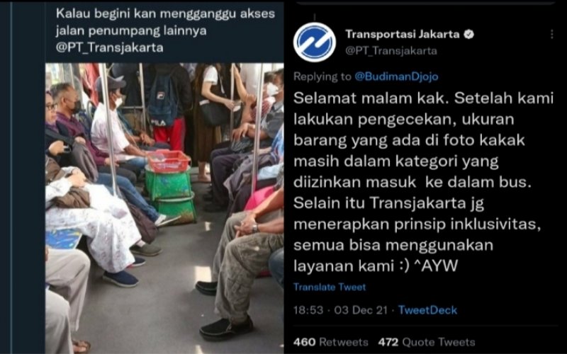 Tangkapan layar perdebatan viral di Twitter mengenai barang pedagang di dalam bus Transjakarta.Twitter - PT_Transjakarta.