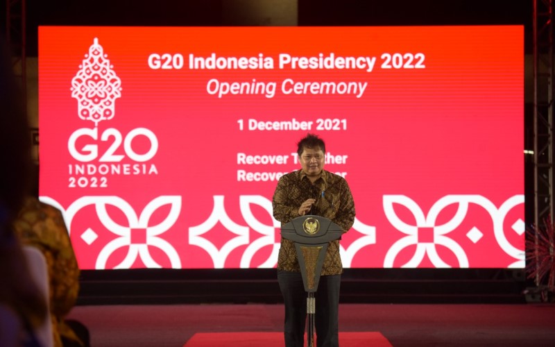 Menko Perekonomian Airlangga Hartanto memberikan sambutan dalam Opening Ceremony Presidensi G20 Indonesia yang digelar Rabu (1/12/2021). - Istimewa