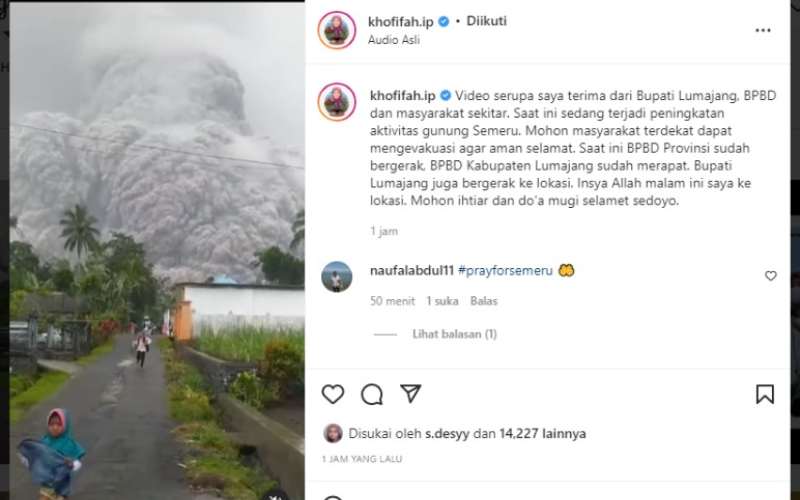Gunung Semeru kembali erupsi hari ini, Sabtu (4/12/2021). - Instagram