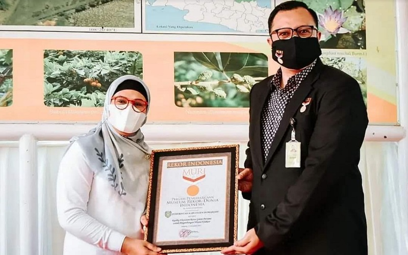 Bupati Indramayu Nina Agustina menerima piagam penghargaan MURI untuk Taman Keanekaragaman Hayati (Kehati) Indramayu 