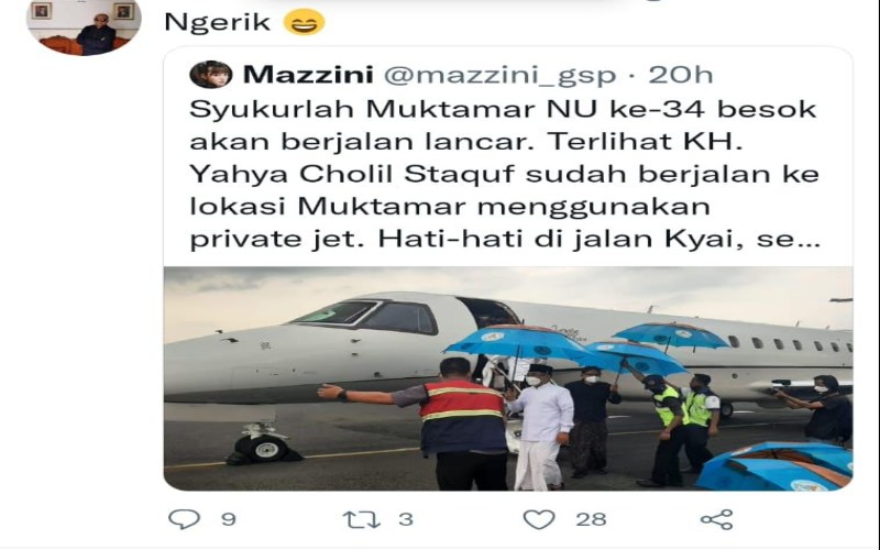 Foto Gus Yahya menggunakan pesawat jet pribadi ke lokasi Muktamar NU ke-34 hari ini Selasa 21 Desember 2021 di Lampung. - Twitter