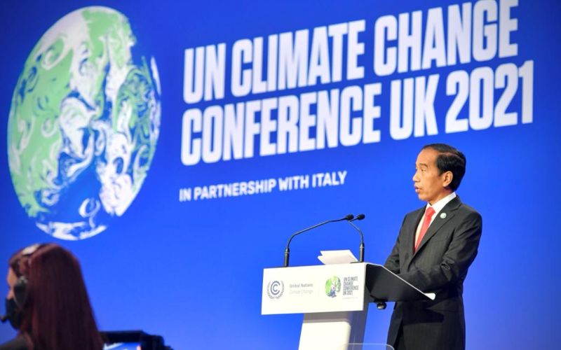 Presiden Joko Widodo (Jokowi) berpidato pada KTT Pemimpin Dunia tentang Perubahan Iklim atau COP26, di Glasgow, Senin (1/11/2021) - BPMI Setpres - Laily Rachev.