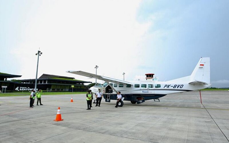 Penerbangan perdana Maskapai Susi Air rute Banyuwangi - Sumenep (PP), Selasa (11/1/2022). - Antara/Humas Pemkab Banyuwangi.