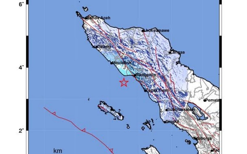Titik gempa di Kabupaten Nagan Raya, Aceh, pada Minggu (16/1/2022) pukul 13:52:32 WIB.  - Istimewa