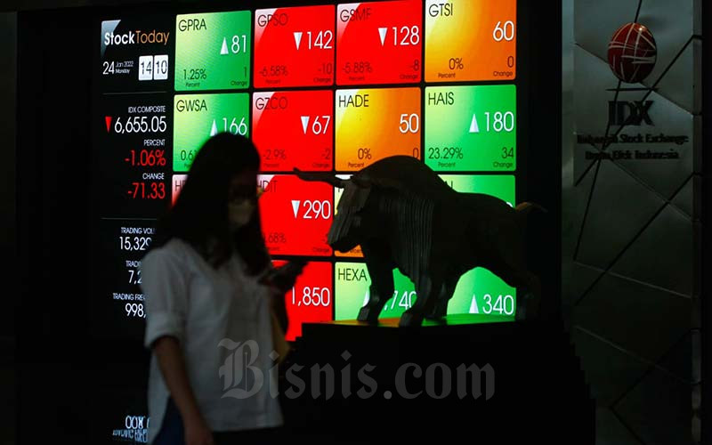 Pegawai melintas di dekat layar yang menampilkan pergerakan Indeks Harga Saham Gabungan (IHSG) di Bursa Efek Indonesia (BEI), Jakarta, Senin (24/1/2022). Bisnis - Himawan L Nugraharn