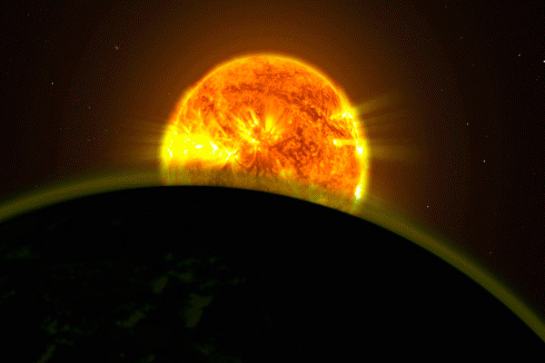 Ilustrasi cahaya bintang yang menerangi atmosfer satu planet. Keberadaan air atmosfer pada sedikit exoplanet yang mengorbit bintang-bintang di luar tata surya sudah pernah dilaporkan tapi studi kali ini secara konklusif mengukur dan membandingkan profil intensitas tanda-tanda tersebut.  - NASA\'s Goddard Space Flight Center