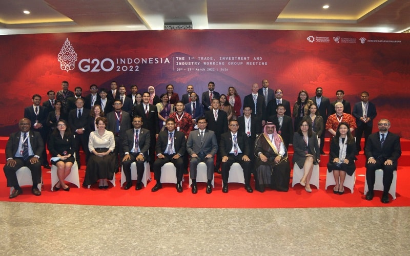 Delegasi Trade, Investment, and Industry Working Group (TIIWG) G20 2022 pada pertemuan pertama, Rabu (30/3/2022) di Solo, Jawa Tengah. -  Bisnis / Nindya Aldila